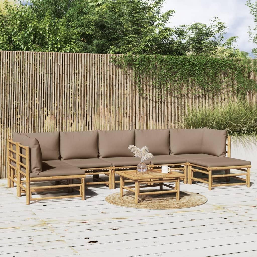 8 Piece Patio Lounge Set with Taupe Cushions Bamboo,Bamboo Patio Lounge Set with Cushions for Outdoor Garden and Backyard Patio Furniture Sets, Outdoor Furniture Sets