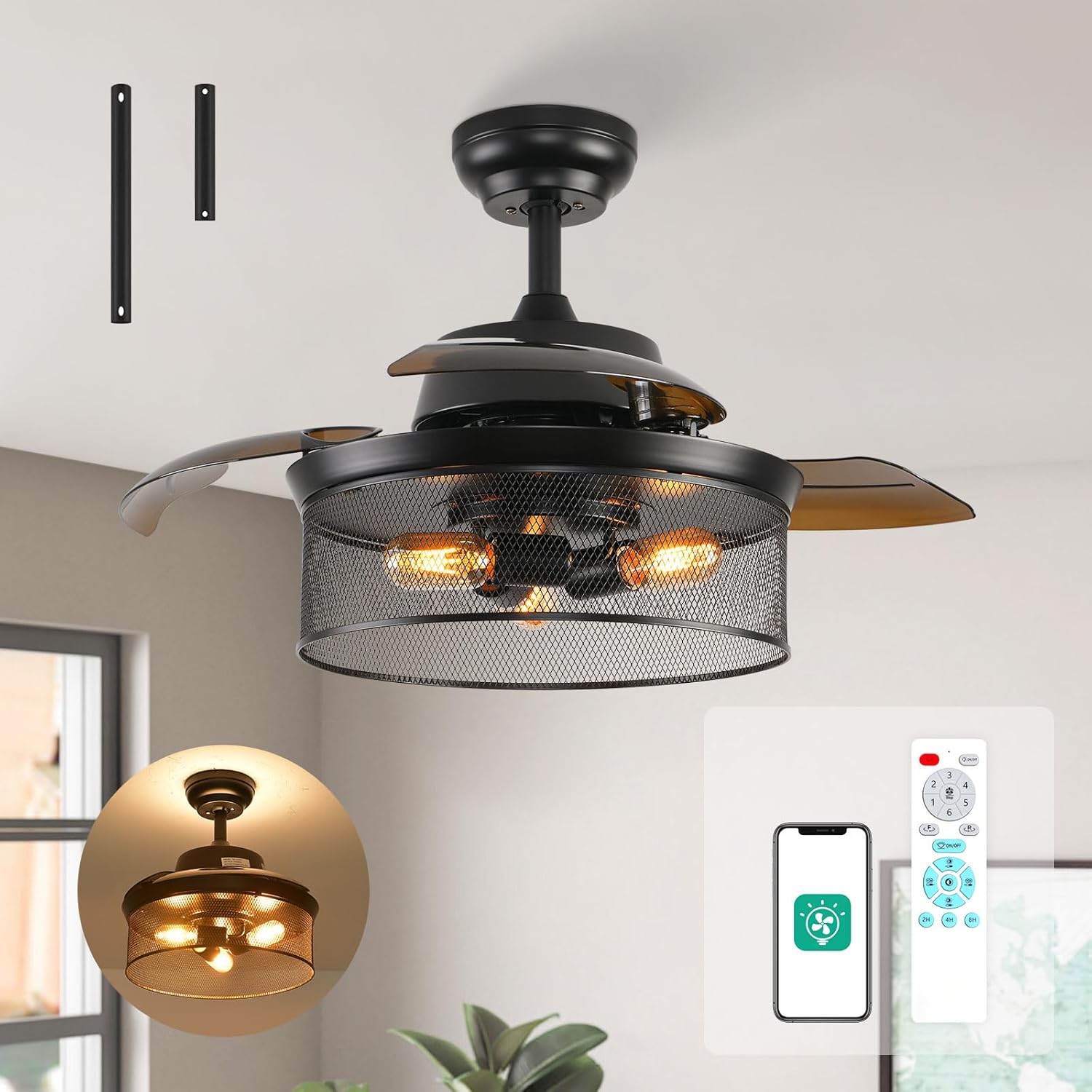Orison 36'' Retractable Ceiling Fans with Lights and Remote, Low Profile Ceiling Fan with Backlit Ambience Light, Caged Ceiling Fans with 3 Bulbs, App Controlled