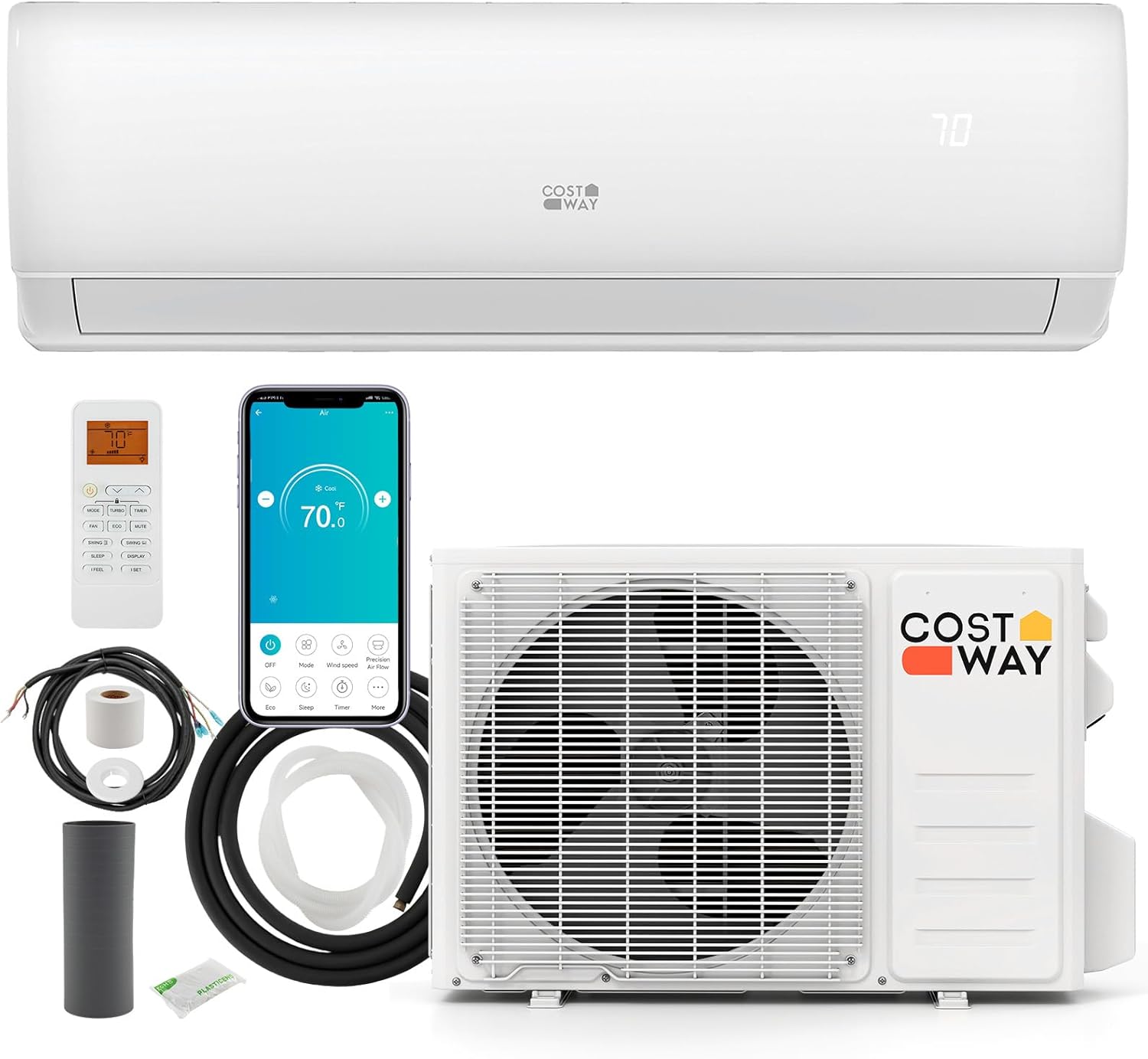 COSTWAY 23000 BTU Mini Split Air Conditioner, 208/230V 17 SEER2 Wifi Enabled Inverter Air Conditioner & Heater Pump System Cools Up to 1500 Sq. Ft, Work with Alexa,13ft Installation Kit Included