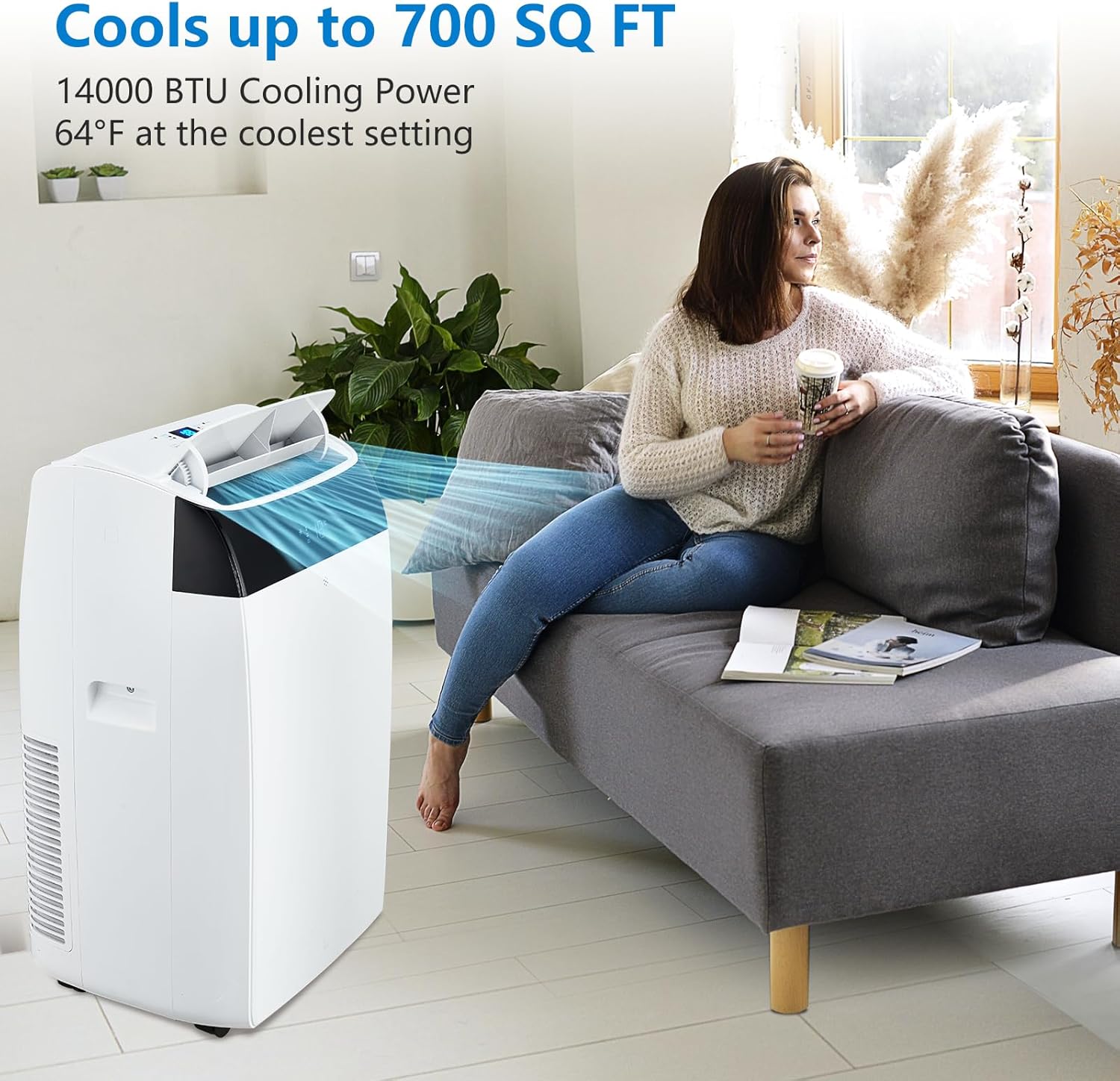 14000 BTU Portable Air Conditioner - Cools 750 Sq Ft, Cooling/Fan/Dehumidifier/Smart Control with Remote & Sleep Mode, White Energy-Saving AC Unit
