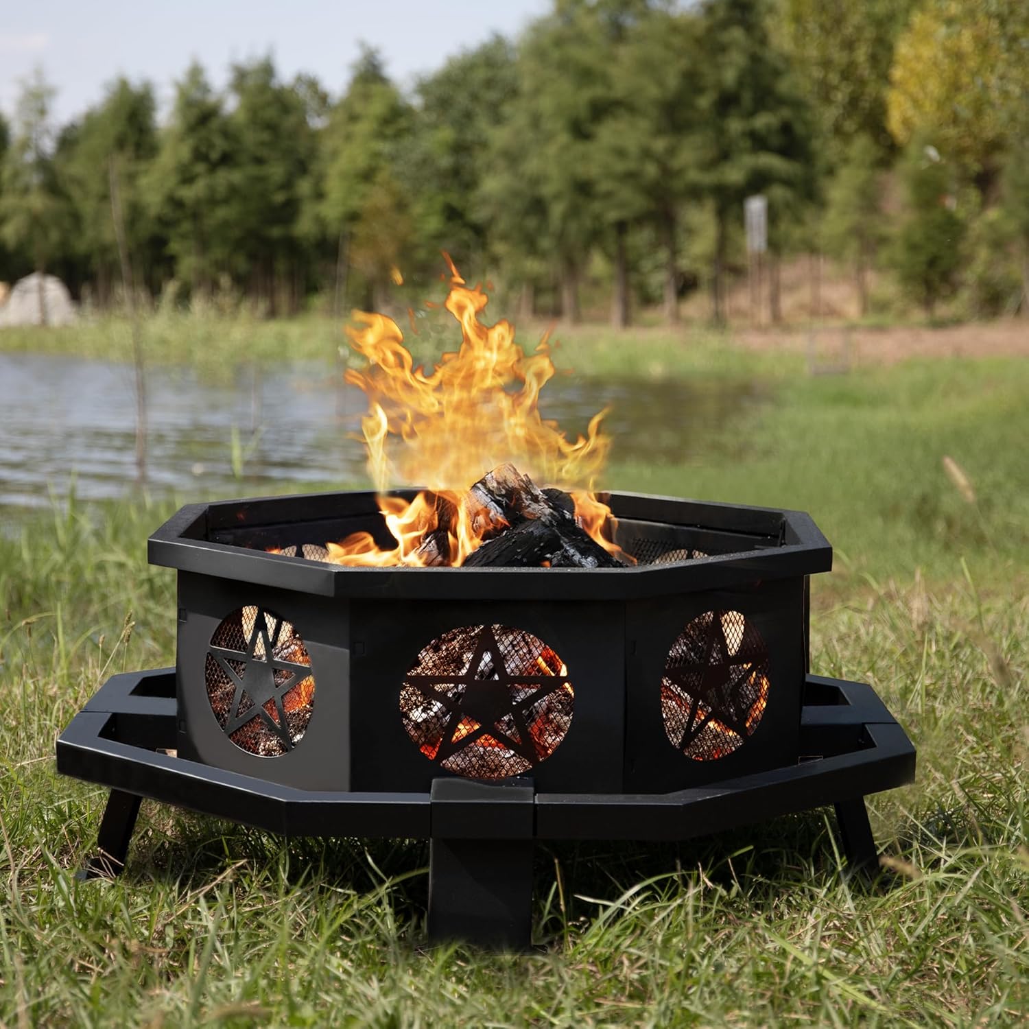 43 Inch Octagonal Fire Pit with Cooking Grill,Outdoor Wood Burning Fire Pit for Camping Outside Picnic Bonfire,Heavy Duty Firepit for Backyard Garden Patio