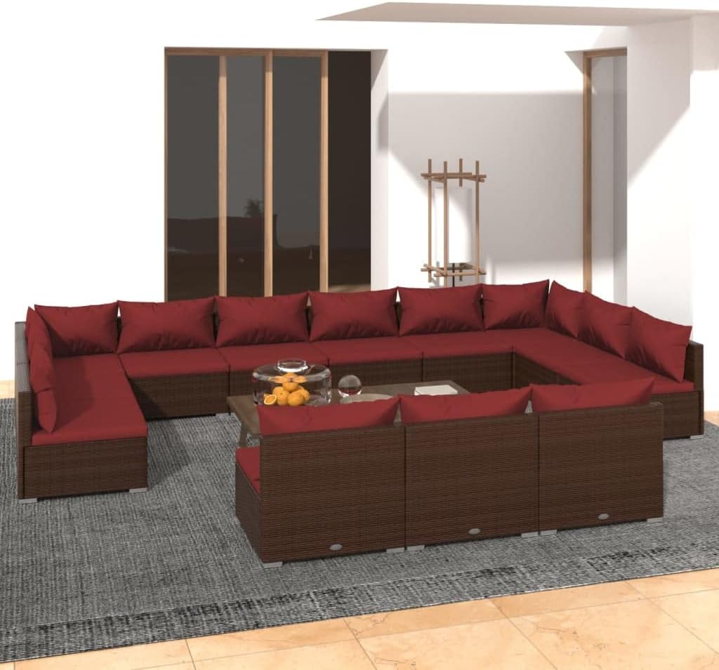 Garden Lounge Set, Brown PE Rattan, Powder-Coated Steel Frame, 13-Piece Modular Outdoor Patio Furniture Set with Cushions, Balcony Dining Seating