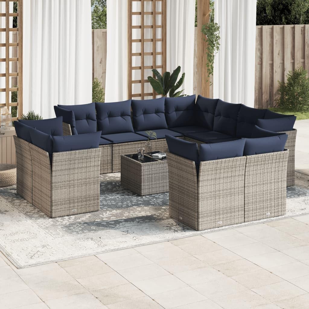 12 Piece Patio Sofa Set with Cushions, Gray Poly Rattan Modular Outdoor Furniture, Tempered Glass Table, UV-Proof Balcony Seating