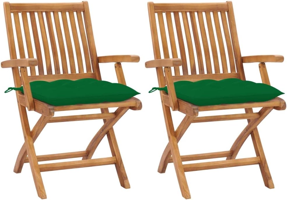 Patio Chairs 2 pcs with Green Cushions Solid Teak Wood Outdoor Furniture, Outdoor Chairs