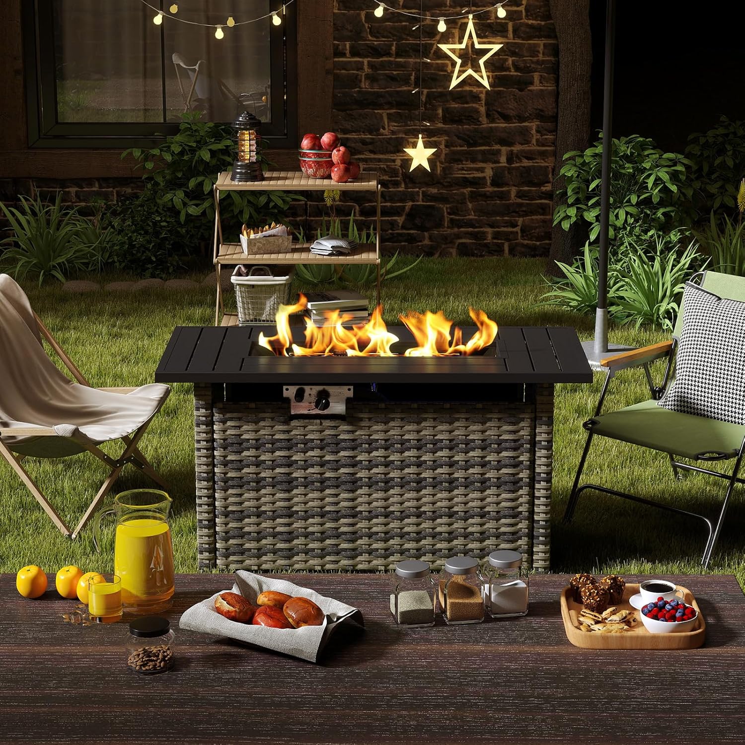 44IN Yellow-Brown Wicker Gas Fire Pit Table with Side Door, Propane Powered, 50000 Btu