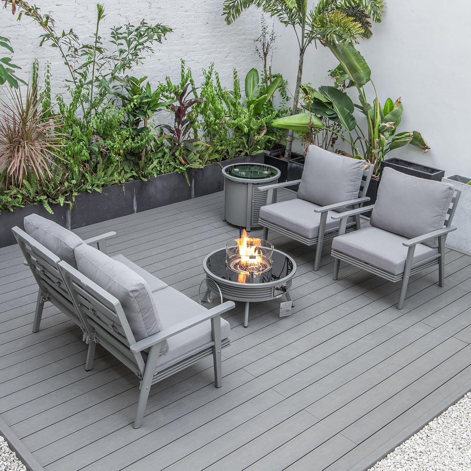 LeisureMod Walbrooke Modern Aluminum 5-Piece Patio Conversation Set with Outdoor Round Fire Pit Slats Design & Side Table Tank Holder, Grey