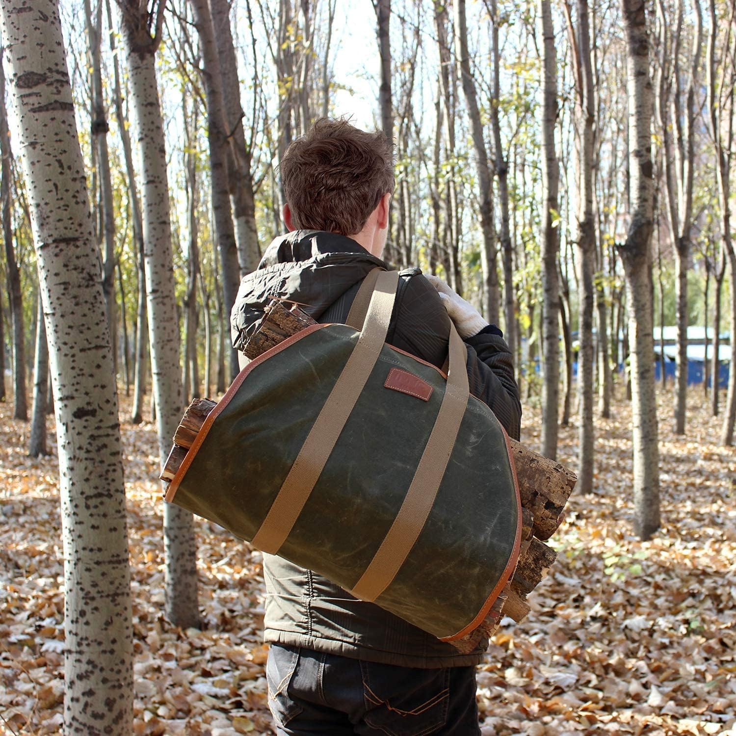 Fire Pit and Waxed Canvas Log Carrier Tote Bag