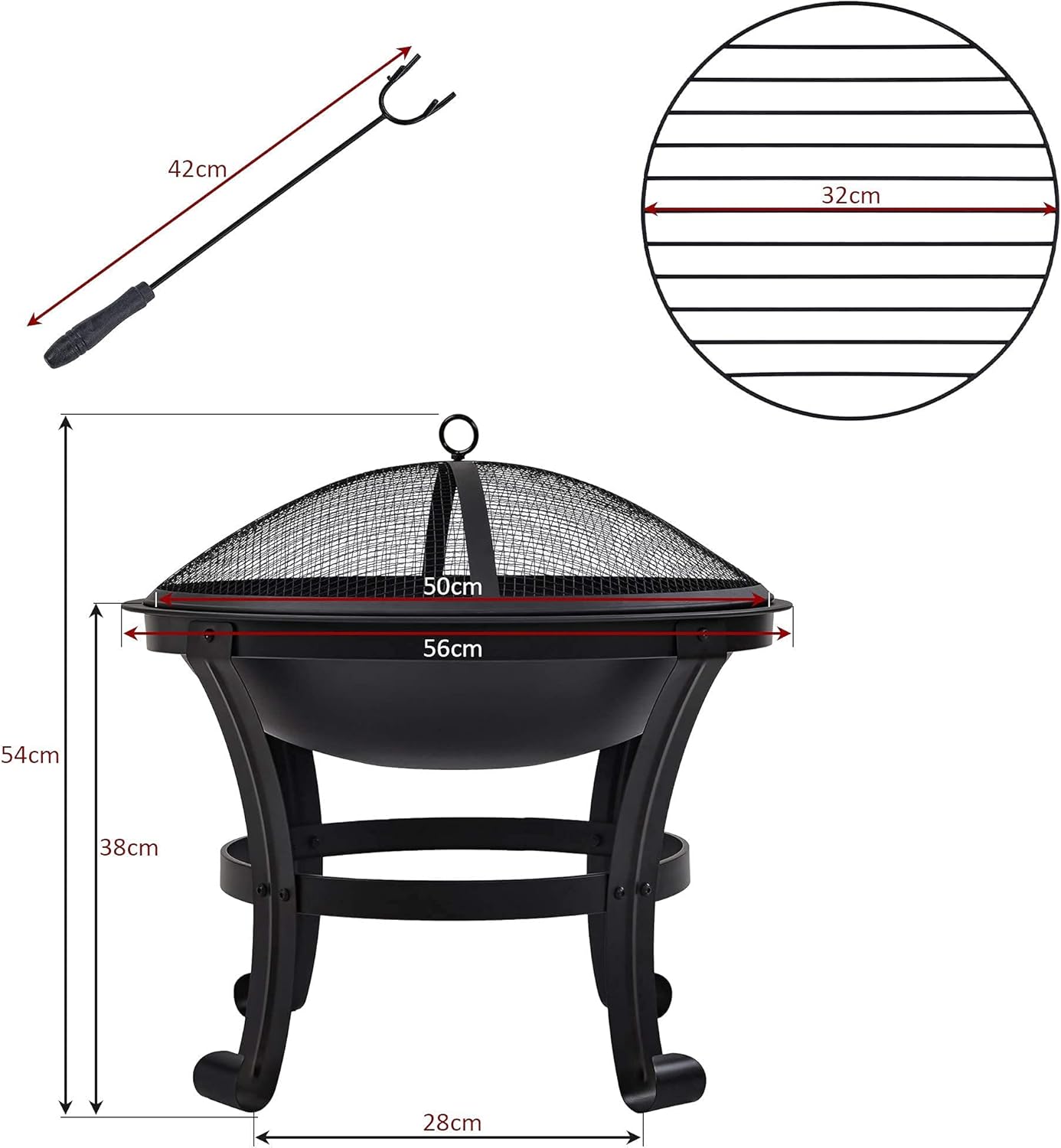 Outdoor Fire Pit,Metal Wood Burning Fire Bowl with Poker/Charcoal Grid/Mesh Cover,Garden Patio Heater Grill Camping Bonfire Dia: 56cm