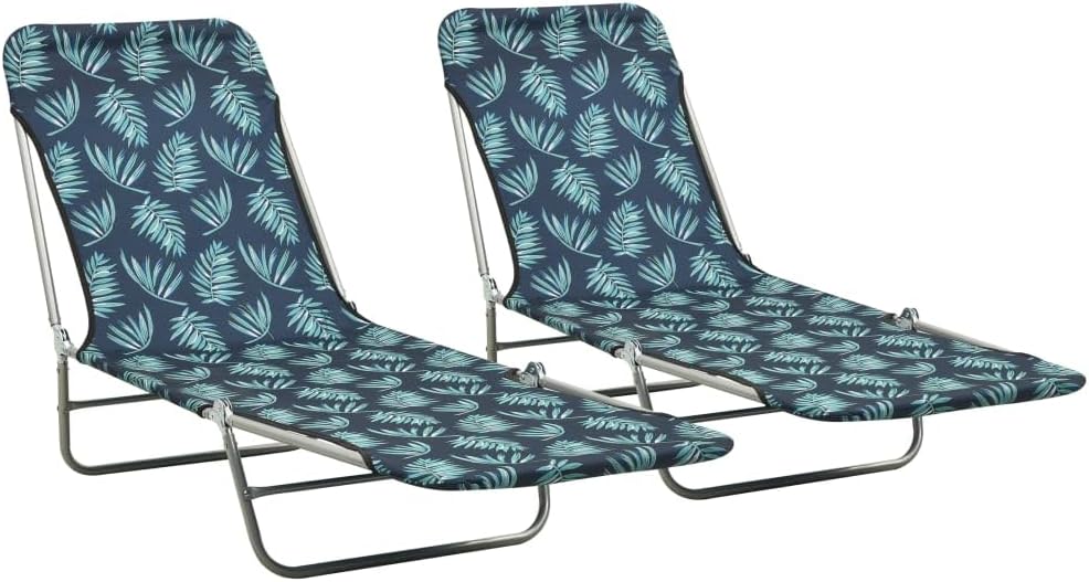 Folding Sun Loungers 2 pcs Steel and Fabric Leaf Pattern,Adjustable Folding Sun Lounger with Comfortable Oxford Fabric for Beach and Garden Sun Loungers, Chaise Lounges, Patio Furniture