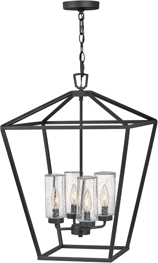 Hinkley Alford Place 2567MB Large Outdoor Open Cage Chandelier - Die Cast Aluminum Frame, Colonial-Style Candelabra, Clear Seedy Glass Shades - Museum Black