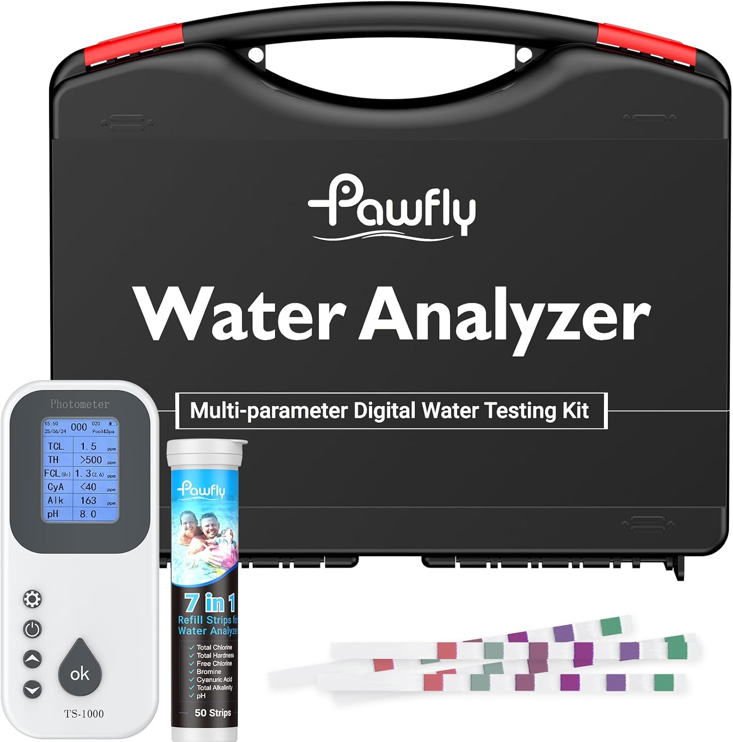 Pawfly 7 in 1 Digital Water Testing Kit, 50 Strips Hot Tub Test Kit, Digital Pool Water Tester for pH, Total Hardness, Total Chlorine, Free Chlorine, Total Alkalinity, Cyanuric Acid & Bromine