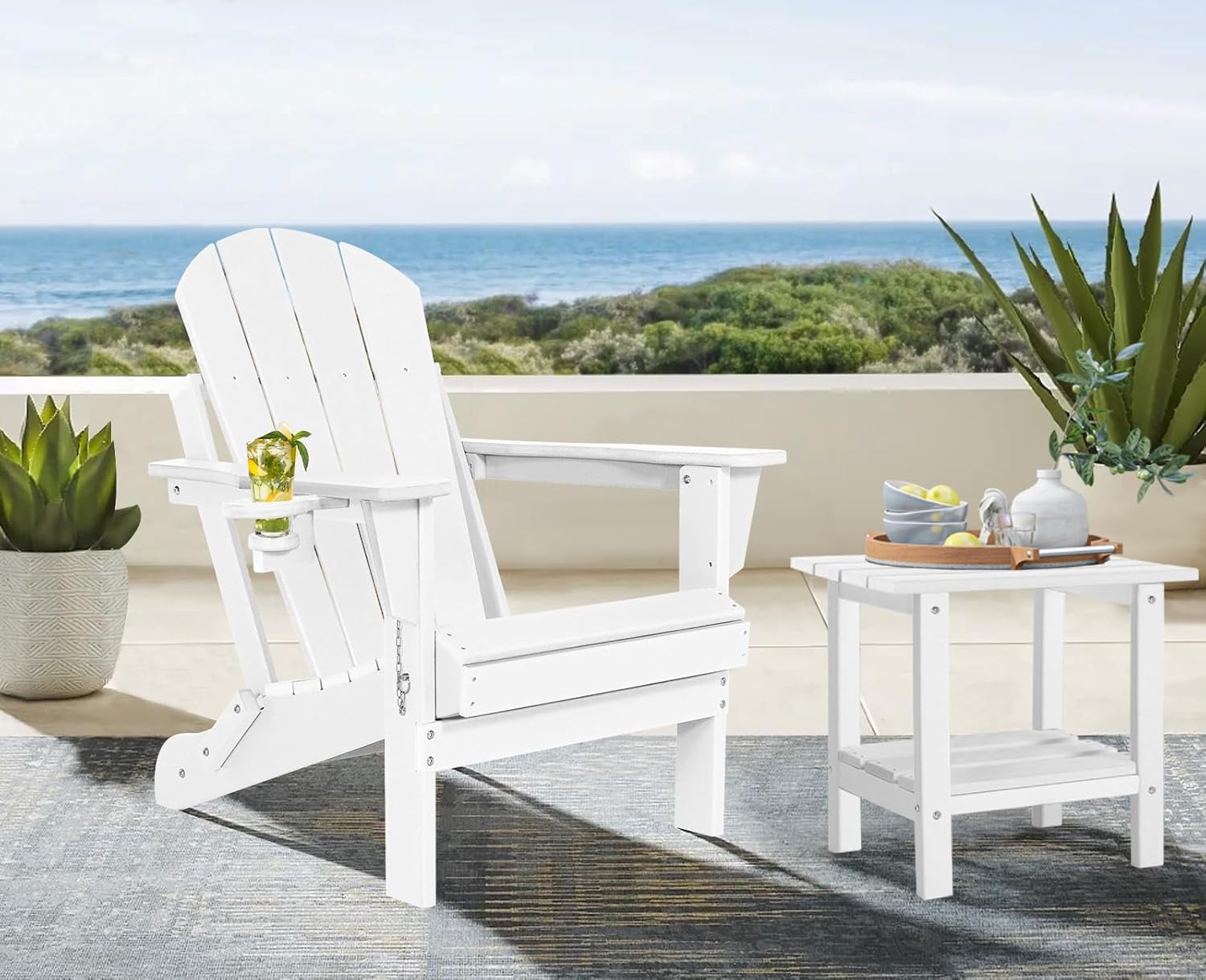 Folding Adirondack Chairs Set 2- Plastic Adirondack Chairs with Cup Holder, Weather Resistant for Outdoor, Patio, Lawn, Garden, Backyard Deck, Fire Pit - White