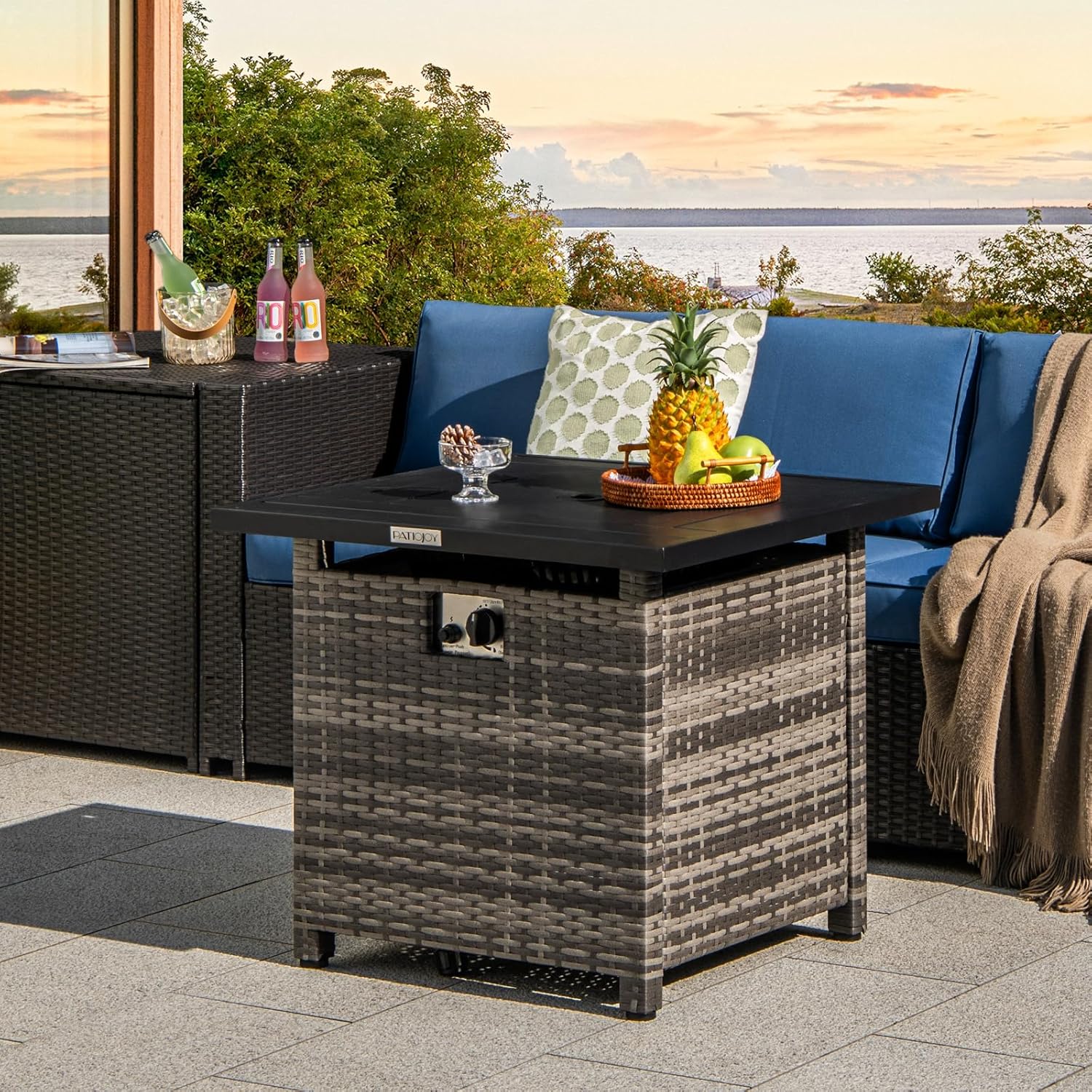 Tangkula 29 Inch Rattan Propane Fire Pit Table, Patiojoy 50,000 BTU Outdoor Square Fire Pit with Lava Rocks & Protective Cover, Heavy-Duty Metal Frame & Top, Patio Fire Table for Backyard, Poolside