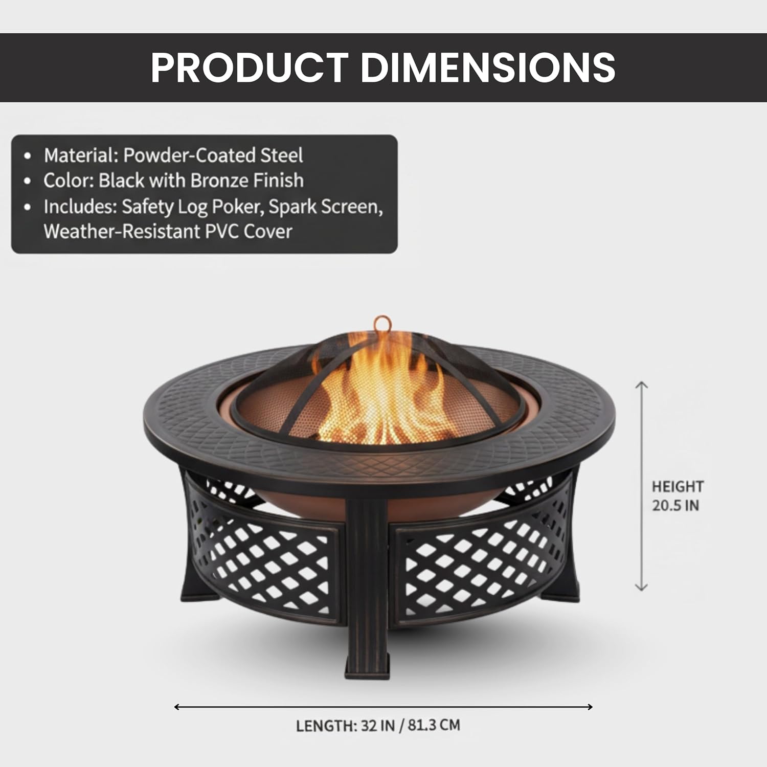 Fire Pit - 32-Inch Outdoor Fireplace with Spark Screen, Poker, and Cover - Wood-Burning Fire Pit for Yard, Patio, or Camping by Pure Garden (Bronze)