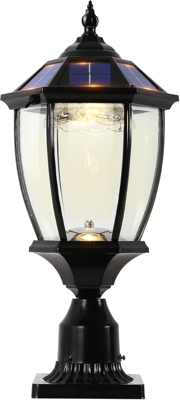 Solar Outdoor Lamp Post Light with Dusk to Dawn Photocell, Waterproof Oil-Rubbed Black Pillar Light with Clear Glass, Aluminum Solar Pole Lamp with Pier Mount for Porch, Yard. Pathway