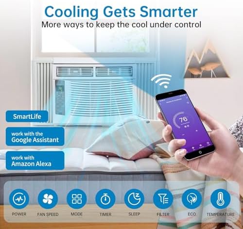 6000 BTU Window Air Conditioner with WiFi, Cools up to 350 Sq. Ft.,Smart Window AC Unit with Remote & App Control,3 Fan Mode,Sleep&ECO Mode,Washable Filter,for Bedroom Apartment Office,New R32