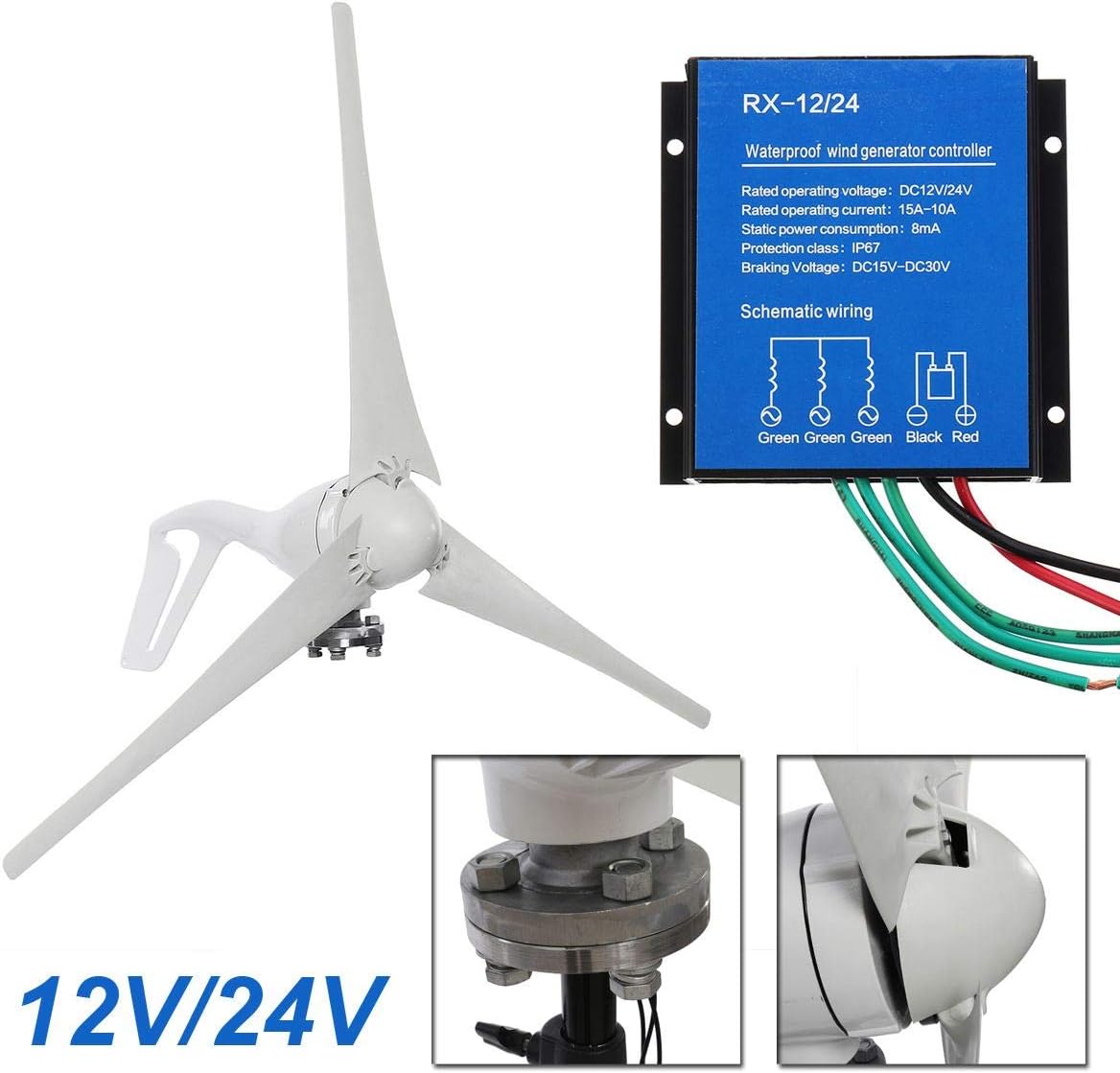 SISHUINIANHUA 2400W 3 Blades DC 12V 24V Wind Turbine Generator Kit with Charge Controller with Magnetic Bearing Alternator for Home Or Camping,12v