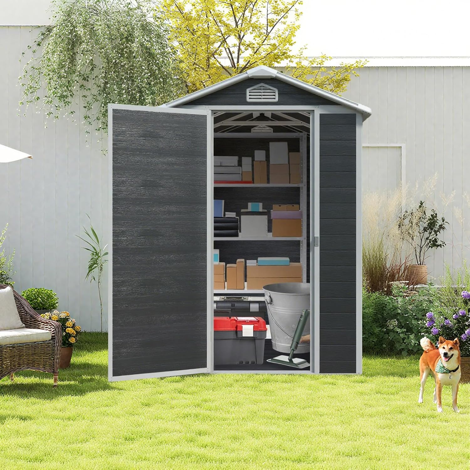Outdoor Storage Shed 6 x 4 FT Resin Shed with Floor and Window, Lockable Door Outdoor Shed with Vents, All Weather Tool Sheds for Garden, Backyard, Patio, Lawn, Black