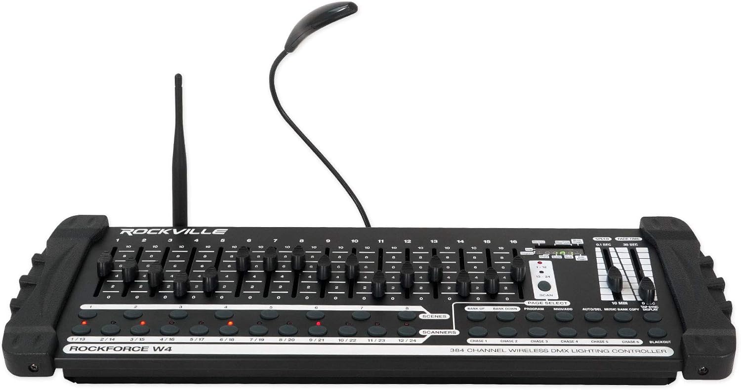 Rockville RF Wedge White Bundle: (8) 54-Watt RGBWA and UV Battery Wireless DMX Par Up Lights with RF Remote, ROCKFORCE W4 384-Channel Wireless DMX Lighting Controller with MIDI, 9-Items