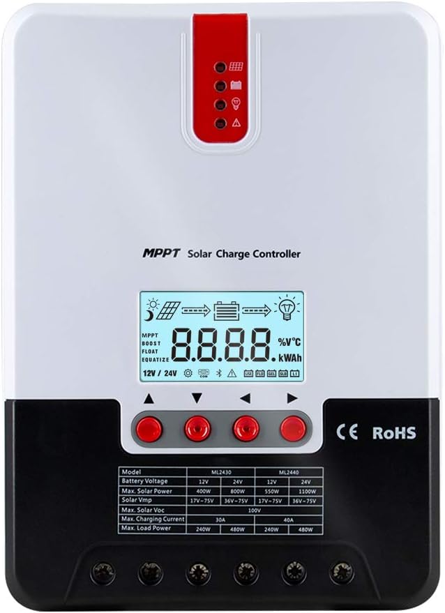 40A MPPT Solar Charge Controller Automatically Identifying 12V/24V Automatically Identifying Max.PV 100V Battery Charging Regulator with LCD Display