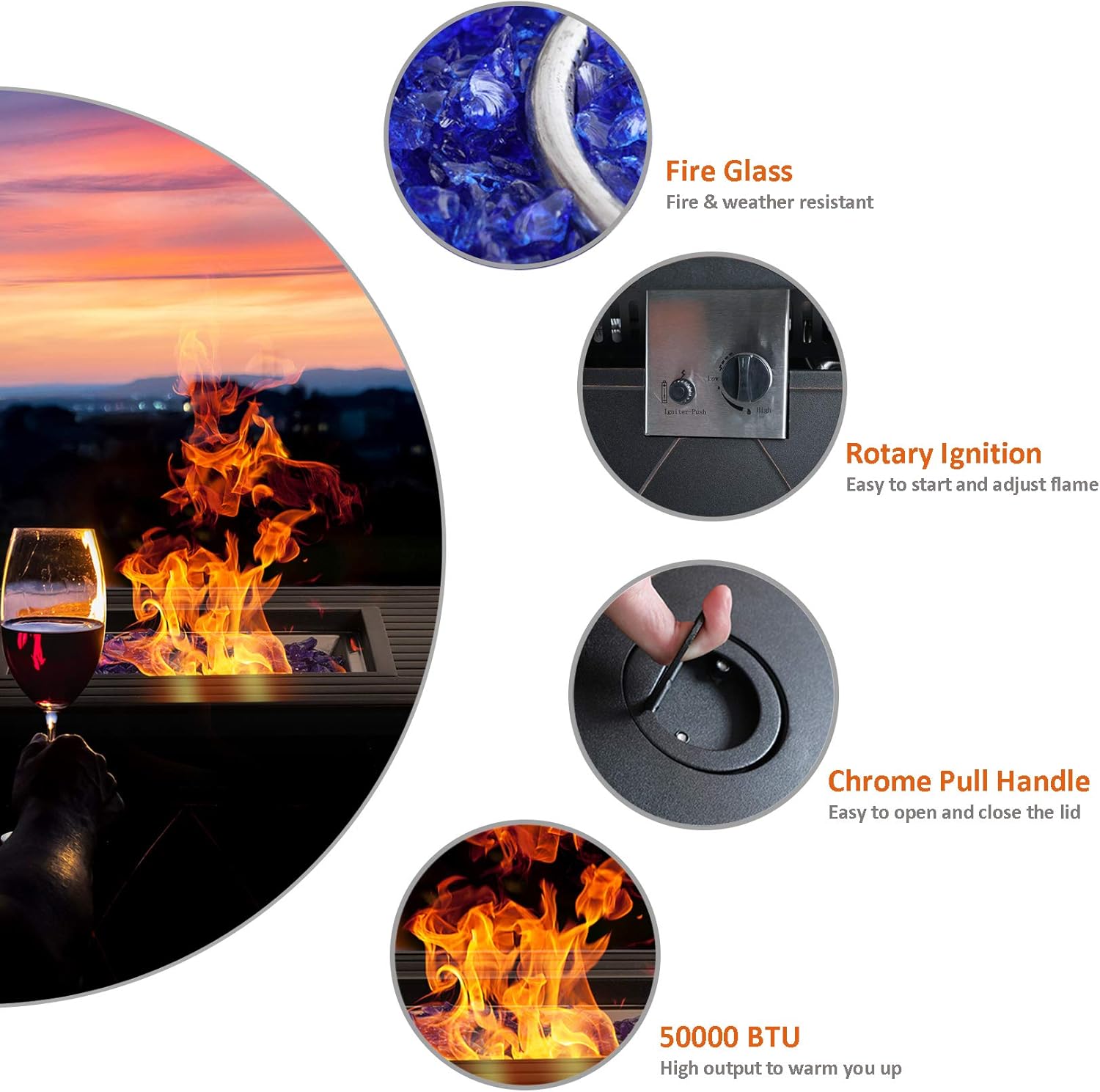 MFSTUDIO 28 Inch Gas Fire Pit Table,50000 BTU Propane Steel Striped Square Handpainting Treatment Fire Table with Lid and Blue Glass for Patio,Backyard and Balcony,Black