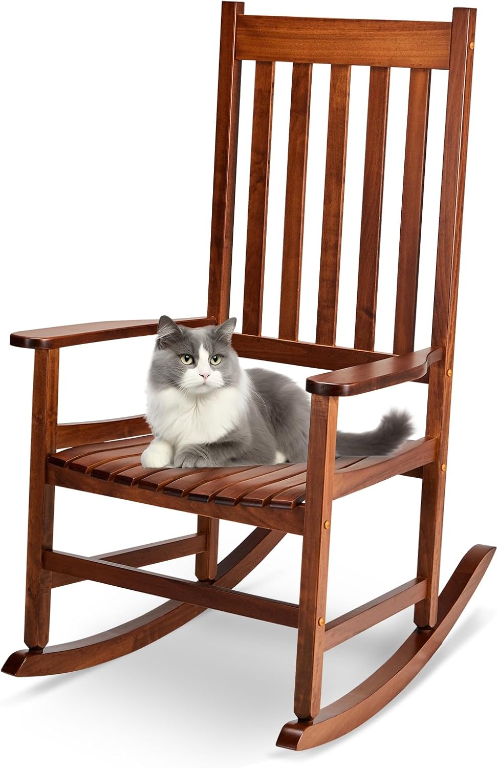 Outvita Outdoor Rocking Chair, Solid Wood High Back Rocker, All Weather Lounge Chair for Porch Patio Fire Pit Garden Backyard Deck Indoor, Natural