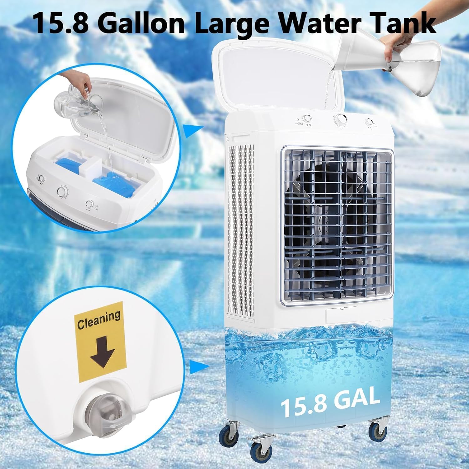 Evaporative Air Cooler with 15.8 Gallon Water Tank, Portable Swamp Cooler with 4 Ice Packs, 2-Hour Timer, 120° Oscillation, Quiet Cooling Fan for Bedroom, Home, and Office