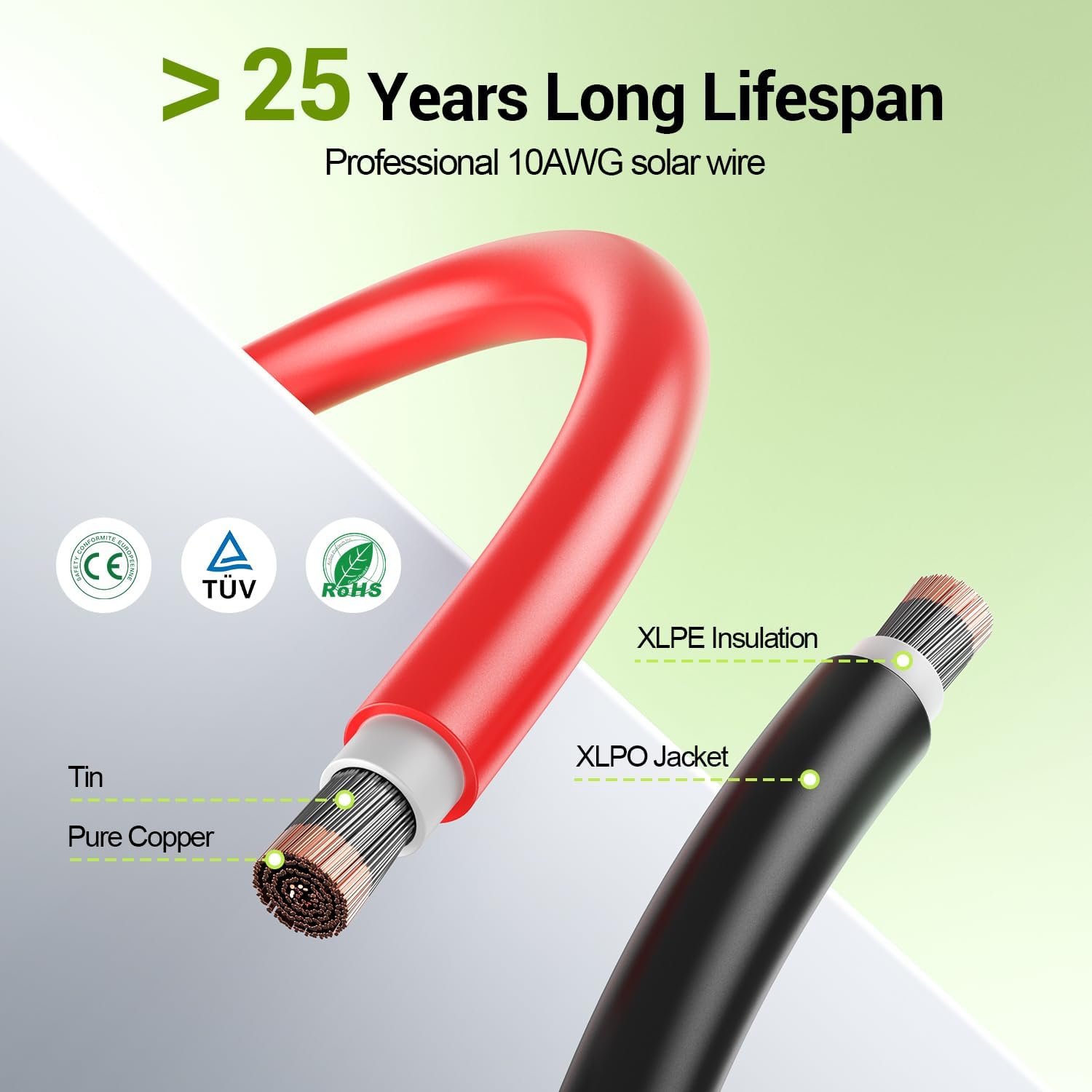 10AWG Solar Panel Wire, 50FT Red & Black 84 Strands Tinned Copper PV Wire, 10FT 10AWG Solar Panel Cable with Female and Male Connectors for Outdoor RV, Off-Grid Photovoltaic Systems