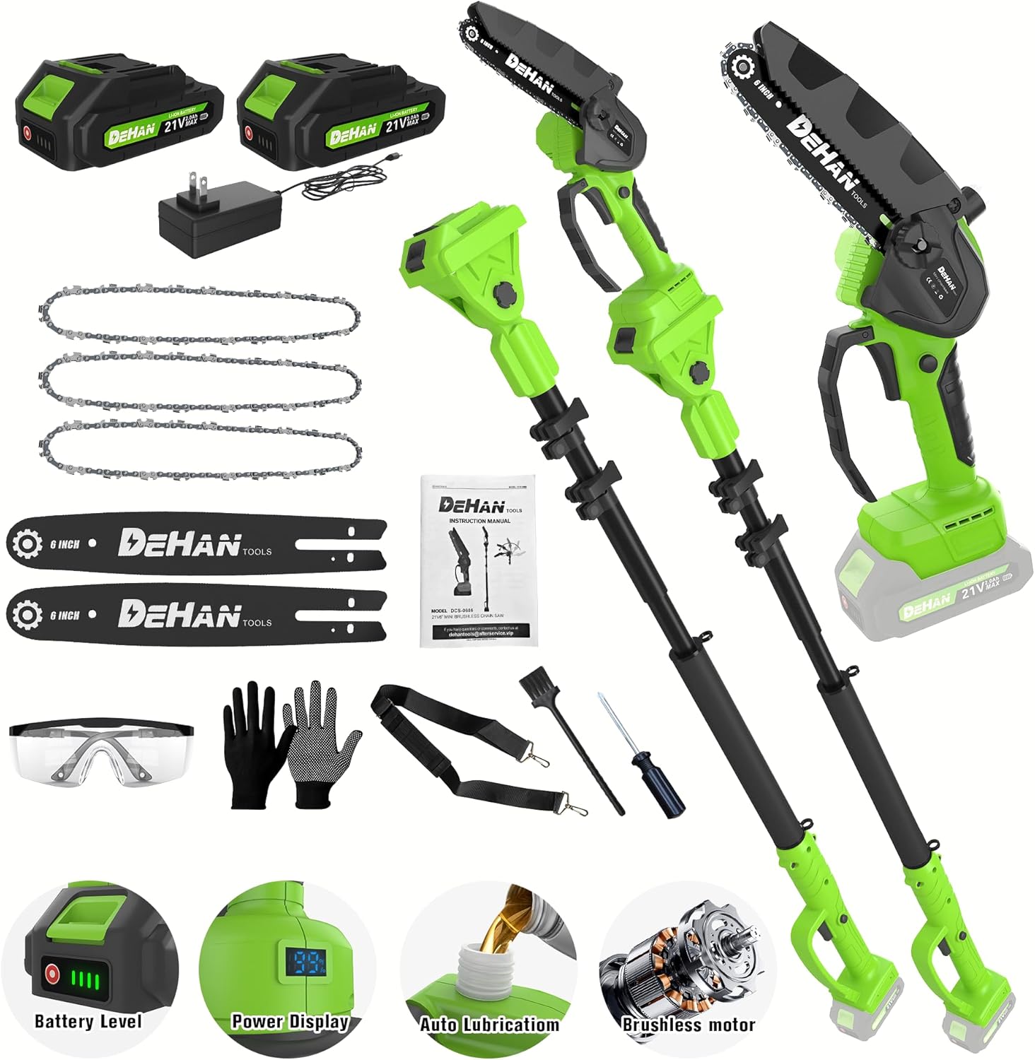 2 IN 1 Electric Pole Saw Brushless 21V Battery Chainsaw Cordless with Rotatable Pole 15FT Max Reach, Shoulder Strap, Powered Pole Saw for Tree Trimming and Wood Cutting Tool (Green)