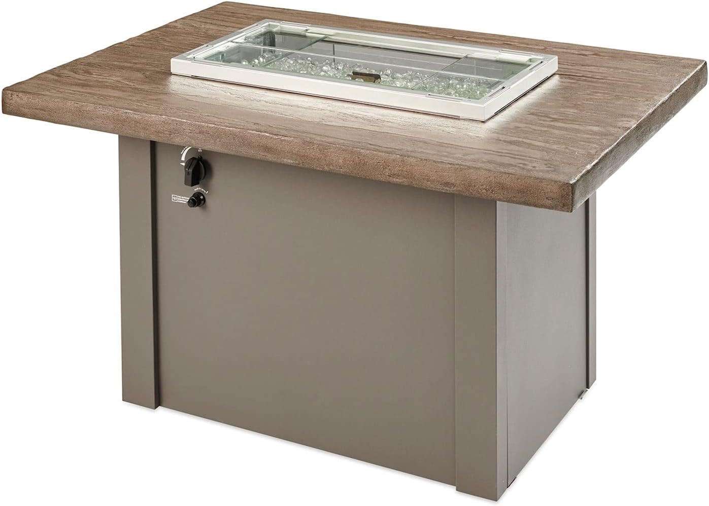 Outdoor GreatRoom Co Propane Fire Pit Table - Havenwood Gas Fire Pits for Outside Patio - 44 Inch Rectangular Driftwood Concrete Firepit Fire Table, Glass Tabletop Cover, Grey Metal Base, 55,000 BTU