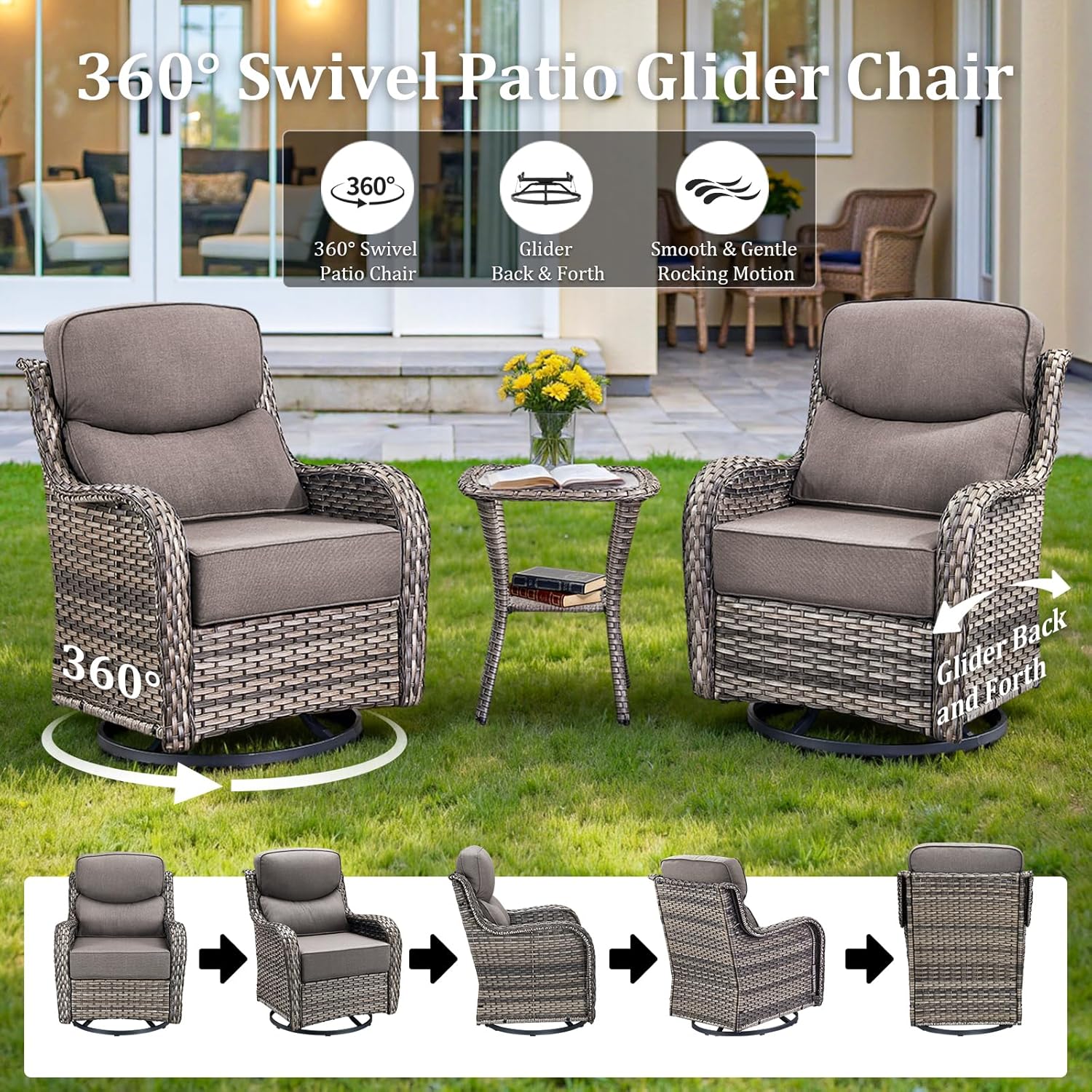 Luxury High Back Patio Furniture Set with Fire Pit Table & 6-Inch Thick Cushions, 4-Pieces Outdoor Furniture with Swivel Chairs, Wicker Conversation Set for Porch, Balcony, Deck and Yard, Grey