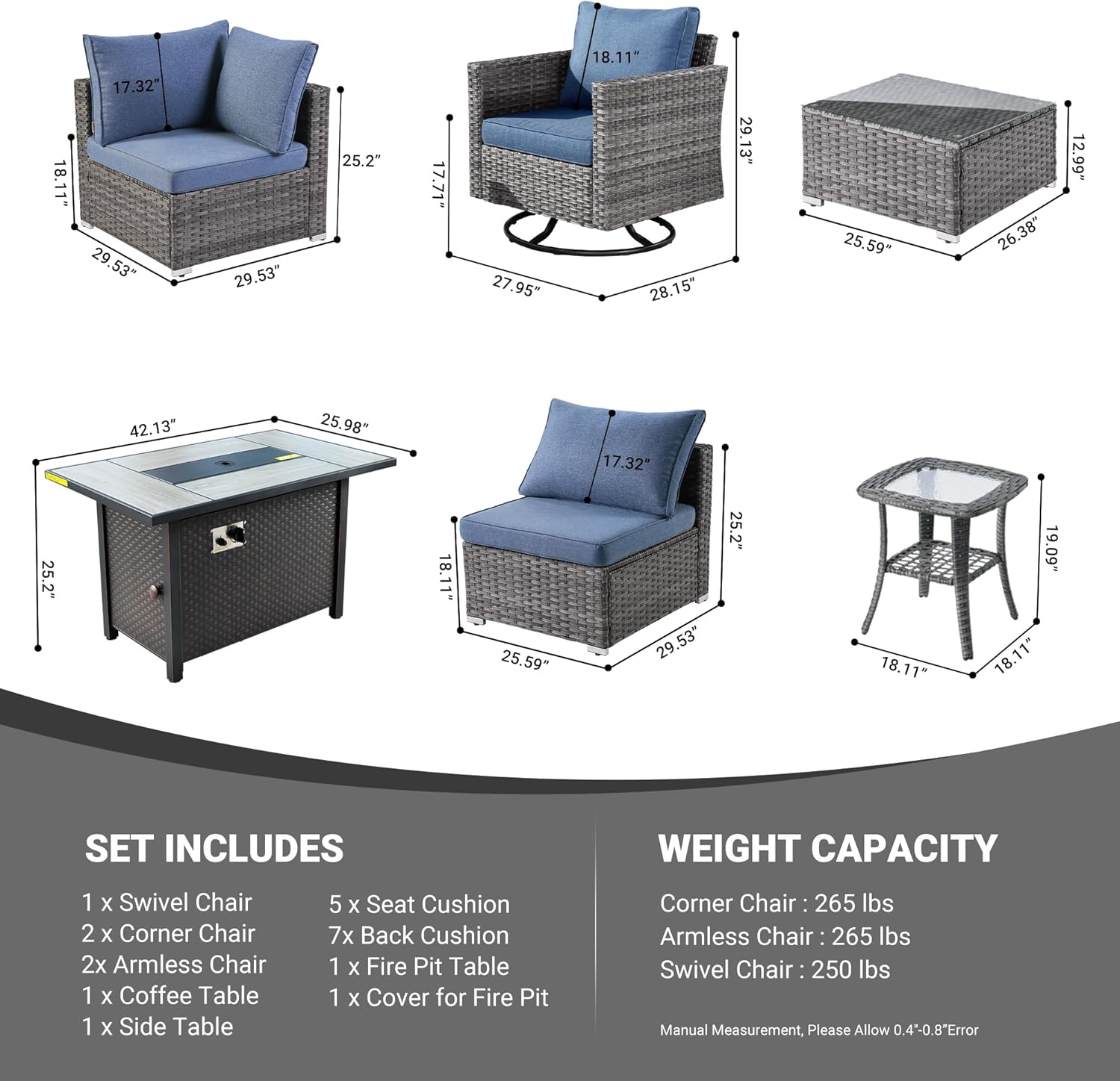 Weaxty 8 piece outdoor patio furniture set，Wicker Outdoor sectional Furniture with 42-inch Fire pit Table, Rocking Swivel Chairs, Coffee Table for Garden, Patio(Denim Blue)