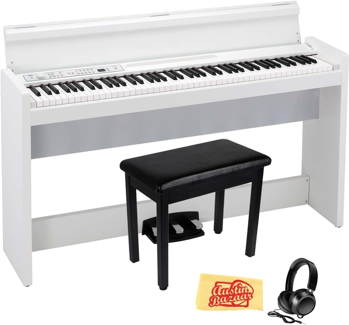 Korg LP-380 Digital Piano - White Bundle with Furniture Bench, Headphones, and Austin Bazaar Polishing Cloth