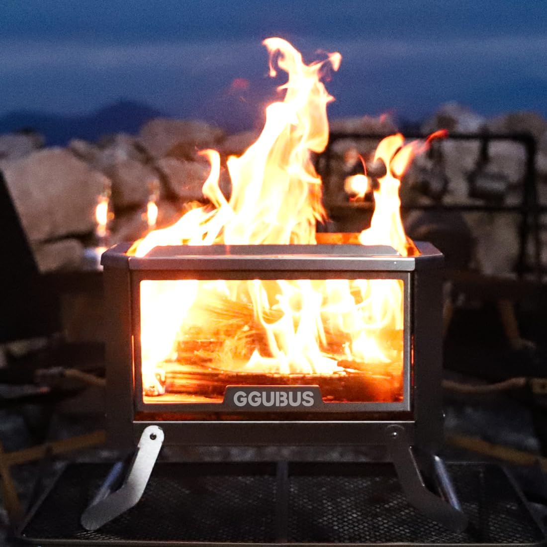 GGUBUS Stainless Steel Dual Stove XL – Foldable Camping Fire Pit with Tempered Glass Panel Option, 2-in-1 BBQ Grill & Bonfire, Tool-Free Assembly, Carrying Case (Tempered Glass Panel Only)