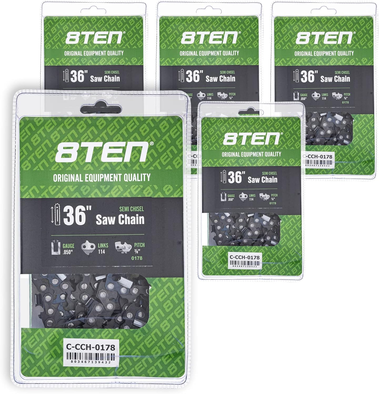 8TEN Semi Chisel Chainsaw Chain 36 Inch .050 3/8 114DL for Stihl MS 390 440 660 (5 Pack)