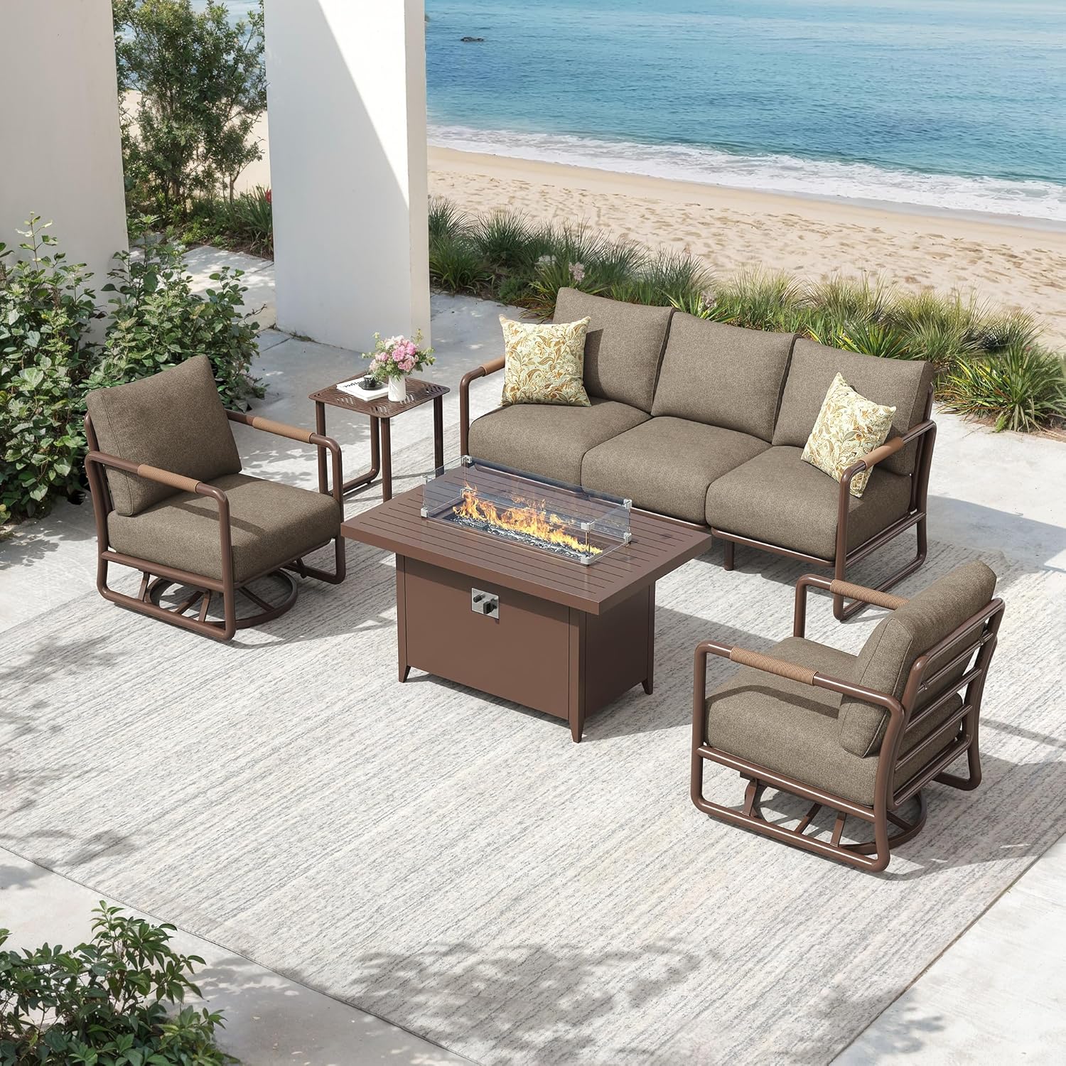 Outdoor Aluminum Patio Furniture Set, 5-Seats Patio Conversation Sofa Set with 2 Swivel Rocking Chairs and Oversized Fire Pit Table w/Glass Wind Guard, All Weather for Balcony, Garden-Brown