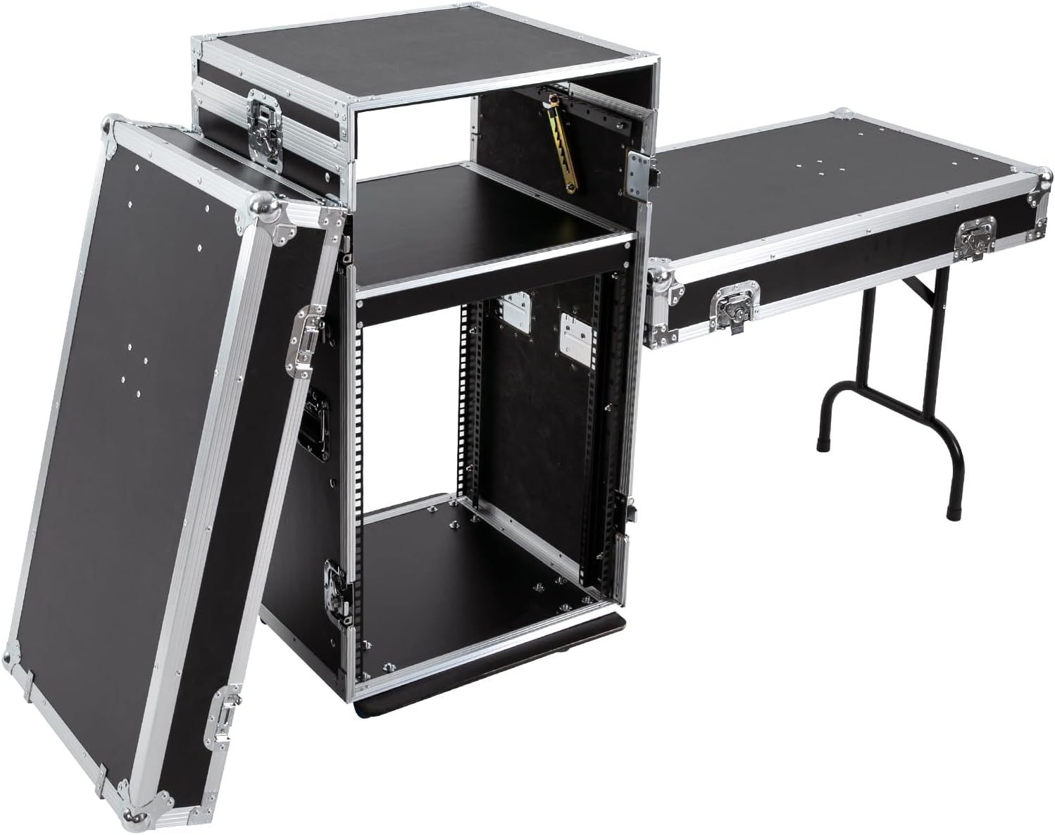 14U Mobile PA DJ Rack Road Case, Network & Stereo Rack with DJ Mixer Tops, Heavy-Duty 2-Tier Studio Equipment Cabinet with 4 Wheels, Amplifier Mixer Storage Stand for Live Sound, KTV, Home Theater