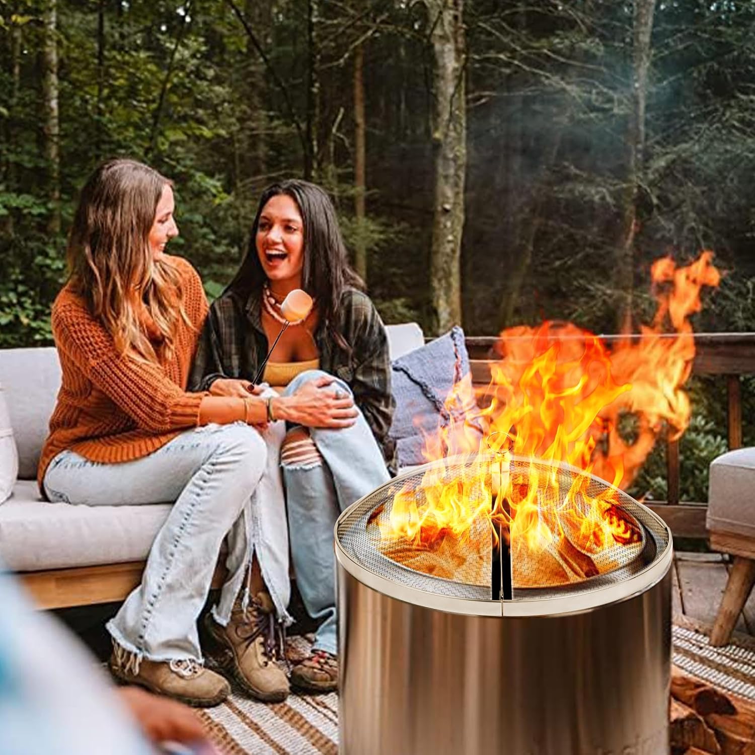 Fire Pit Spark Screen Compatible with Solo Stove Yukon, 27 inch Stainless Steel Mesh Fire Pit Screen Shield for Solo Stove Yukon Accessories with Fire Poker & Toasted Marshmallow Sticks