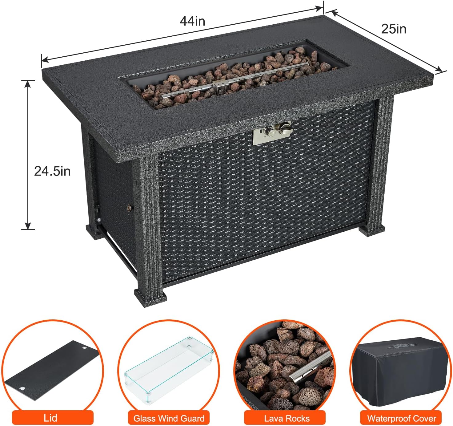Outdoor Fire Table, 44 inch Rectangle Propane Gas Fire Pit Table, 50,000 BTU Modern Firepit with Wind Guard, Lava Rock, Rain Cover