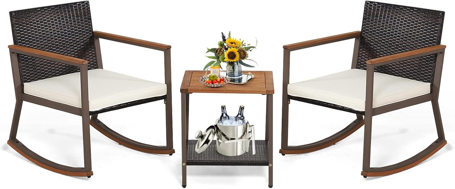 Tangkula 3 Pieces Rocking Bistro Set, Outdoor Rocker Chair with Coffee Table & Cushions, Patio Rattan Furniture Conversation Set for Balcony Porch Poolside (Off White)