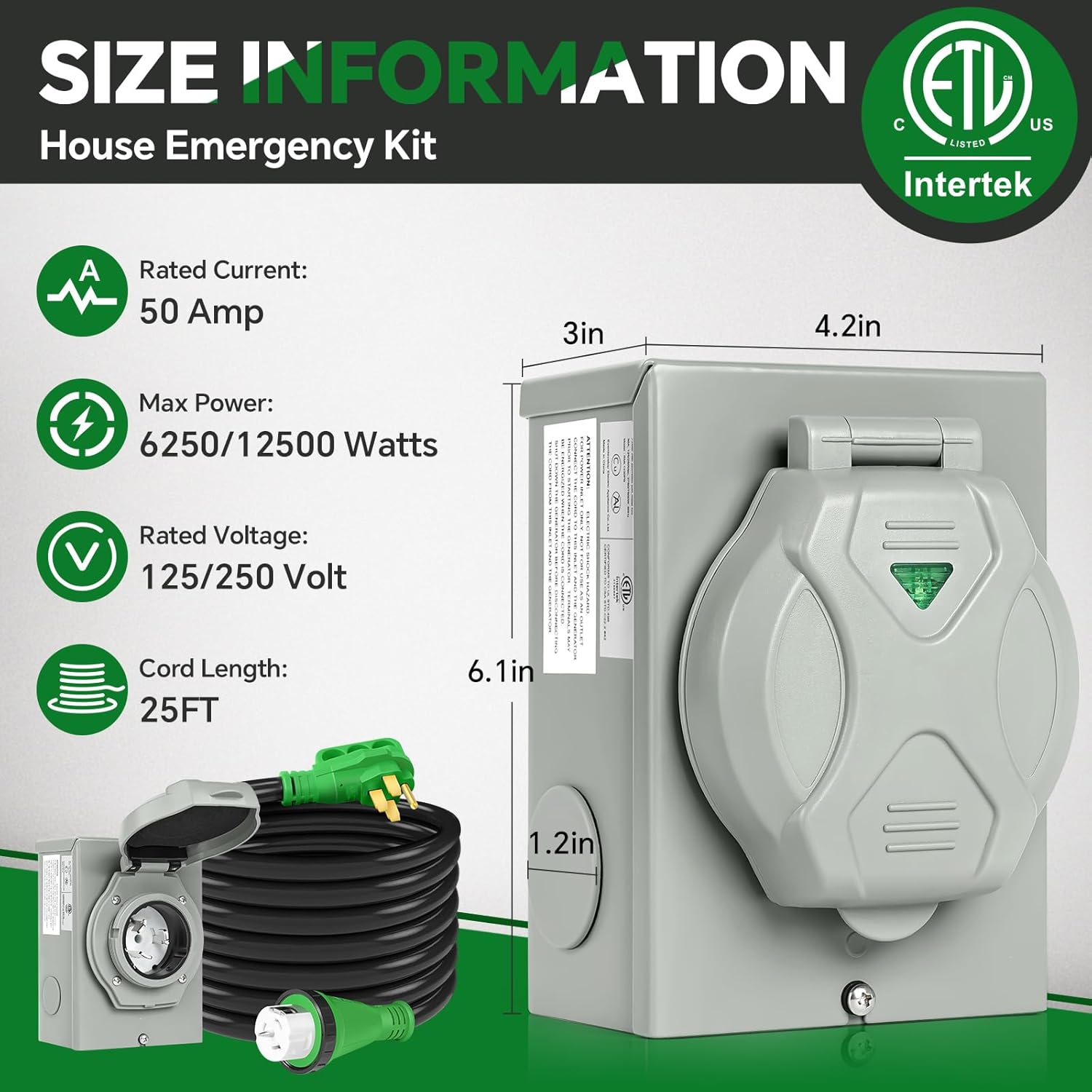 50 Amp Generator Inlet Box Kit with 25FT Cord – NEMA 14-50P to SS2-50R Twist Lock, 125V/250V, ETL Listed, Waterproof w/LED Indicator & Pre-Drilled Holes