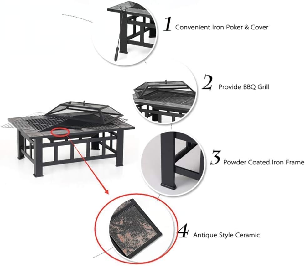 Garden Fire Pit Grill Bowl Grill Barbecue Rack Outdoor Fire Pit, Metal Fire Pit with Spark Screen Guard, Charcoal Rack, Poker, for Camping, Outdoor Heating,Outdoor Fire Pits