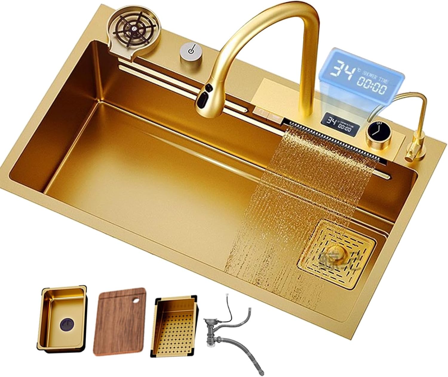Golden Sink with Waterfall Faucet Stainless Steel Sink Golden Kitchen Sink Water Temperature Display Including Cup Washer and Other Accessories,75x46x22cm