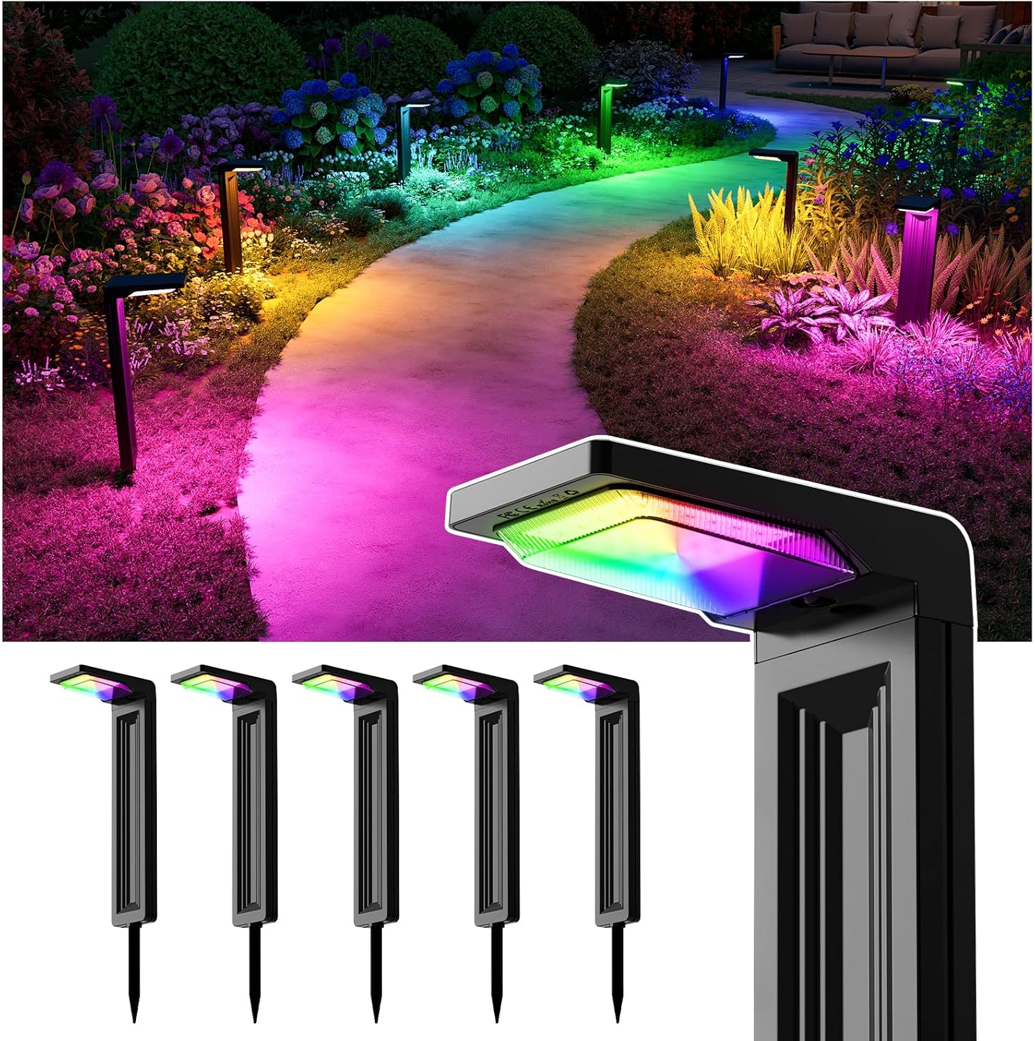 6 Pack Color Changing Solar Pathway Lights Outdoor Waterproof 20 LED Solars Powered Walkway Landscape Lamp for Garden, Lawn, Path, Yard, Driveway, Sidewalk, 8 Colorful Accent Lighting Decoration(RGB)