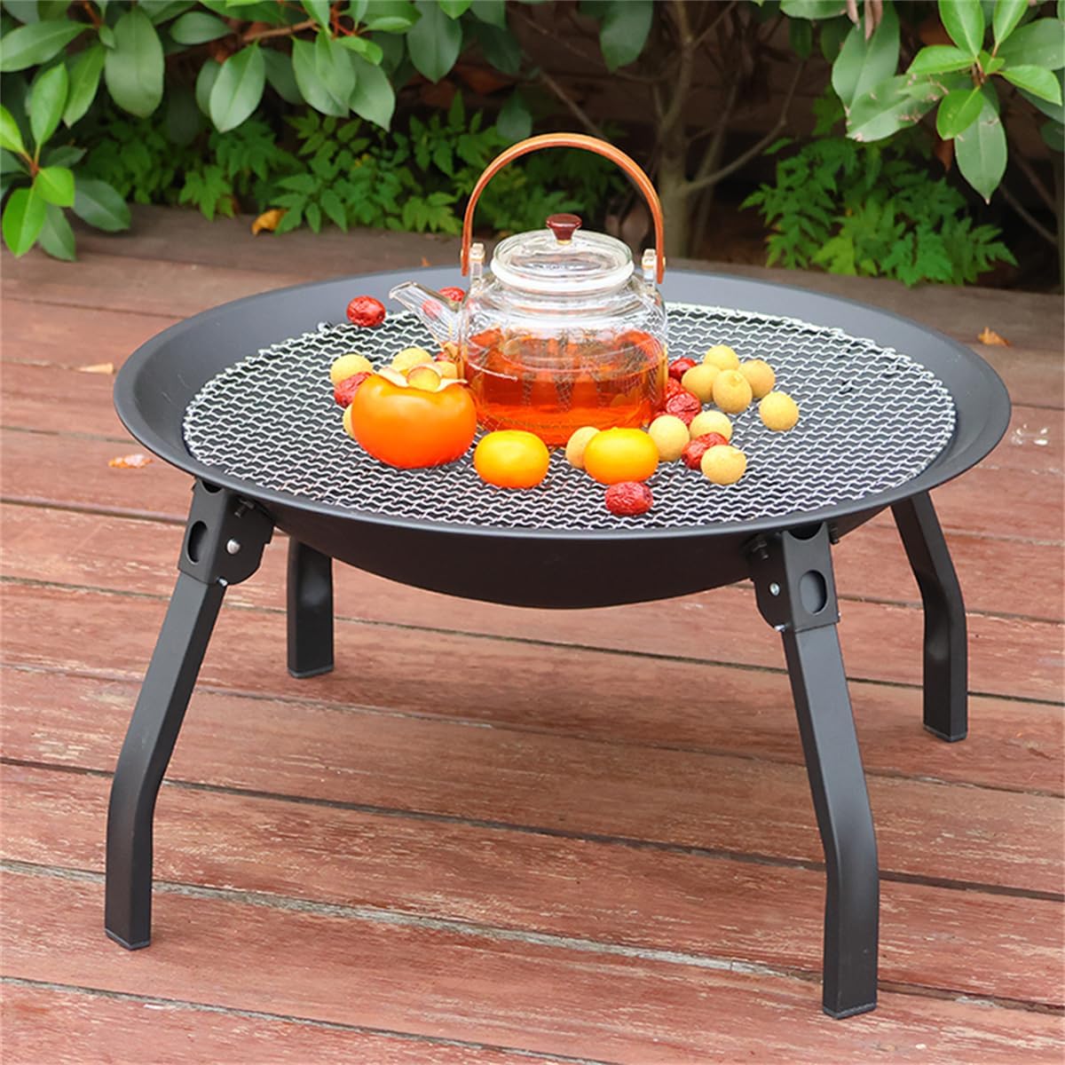 Folding Outdoor Fire Pit Bowl, Wood Burning Firepit BBQ Grill,Outdoor Garden Patio Heater,Metal BBQ Firepit Stove Backyard Garden Fireplace,Outdoor Heating,Round Table & BBQ