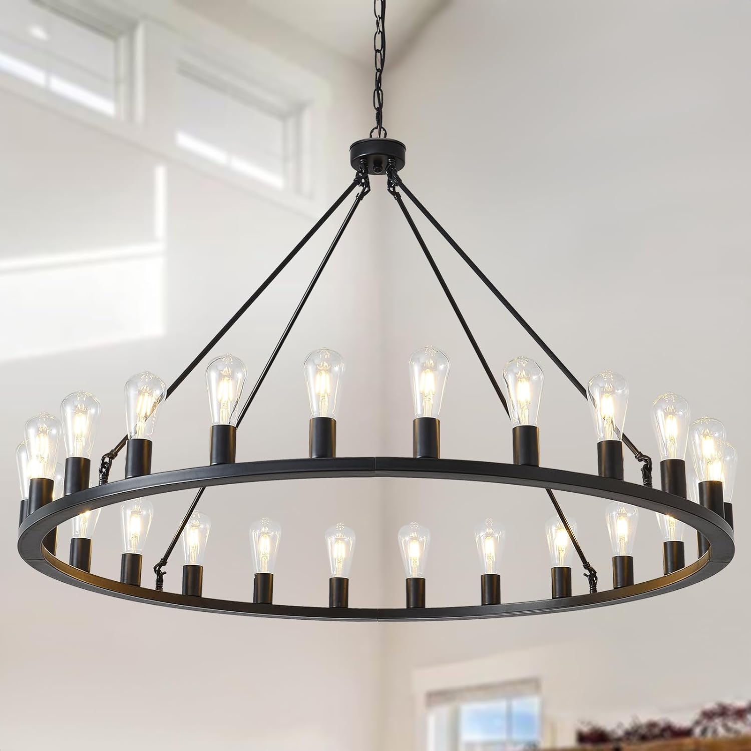 HHR Wagon Wheel Chandelier 24-Light 48 Inch, Extra Large Black Chandeliers, Round Rustic Farmhouse Outdoor Chandelier for High Ceilings, Dining Room, Living Room, Foyer, E26