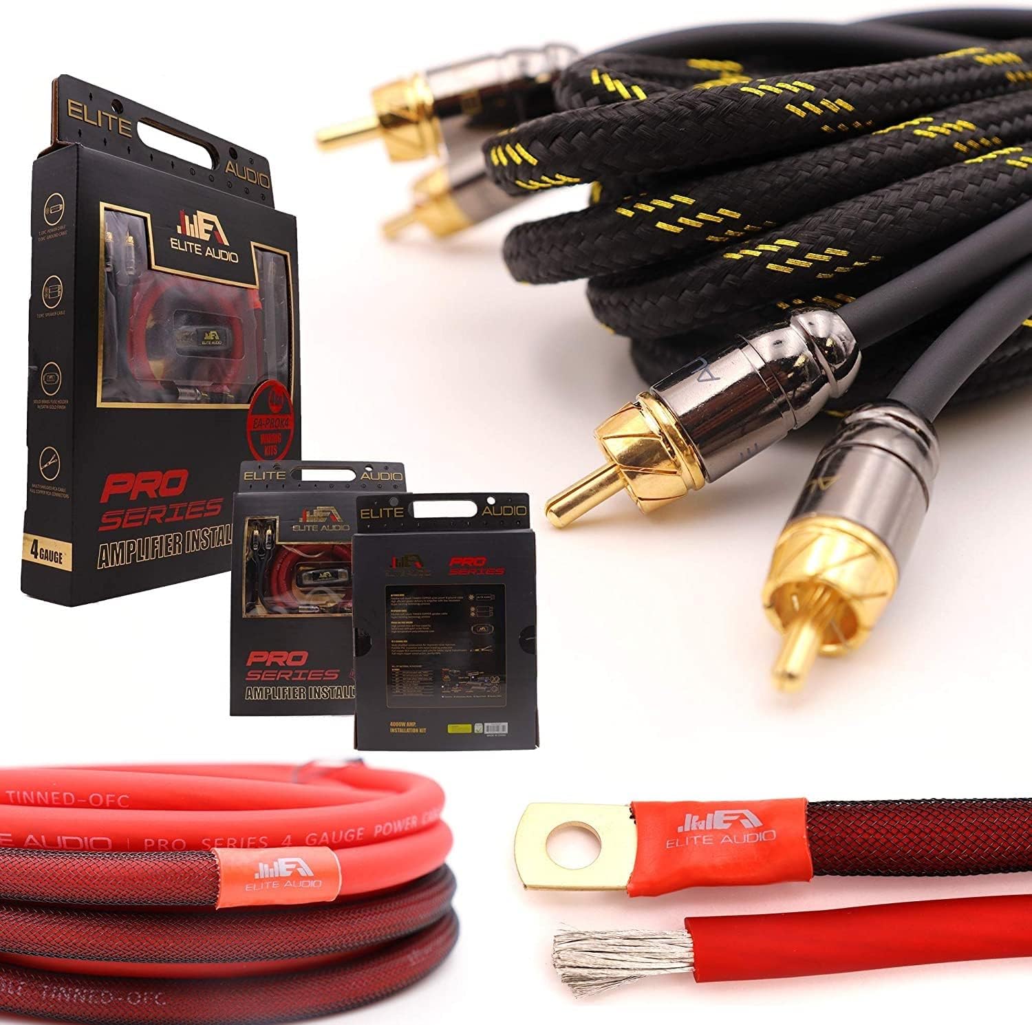 Elite Audio Pro Series Amplifier Wiring Kit & 4-Channel RCA Combo - 2500w Max Power, 8GA (AWG) Cables, Dual RCA Sets, ANL Fuse & Holder (Model: EA-PROK8 + EA-PRO417)
