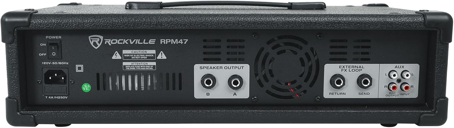 Rockville RPM47 1800w Powered 5 Channel Mixer Amplifier, 8 Ohm, Bluetooth, USB Interface, Digital Effects, 7-Band EQ, for Live Bands and Church Audio