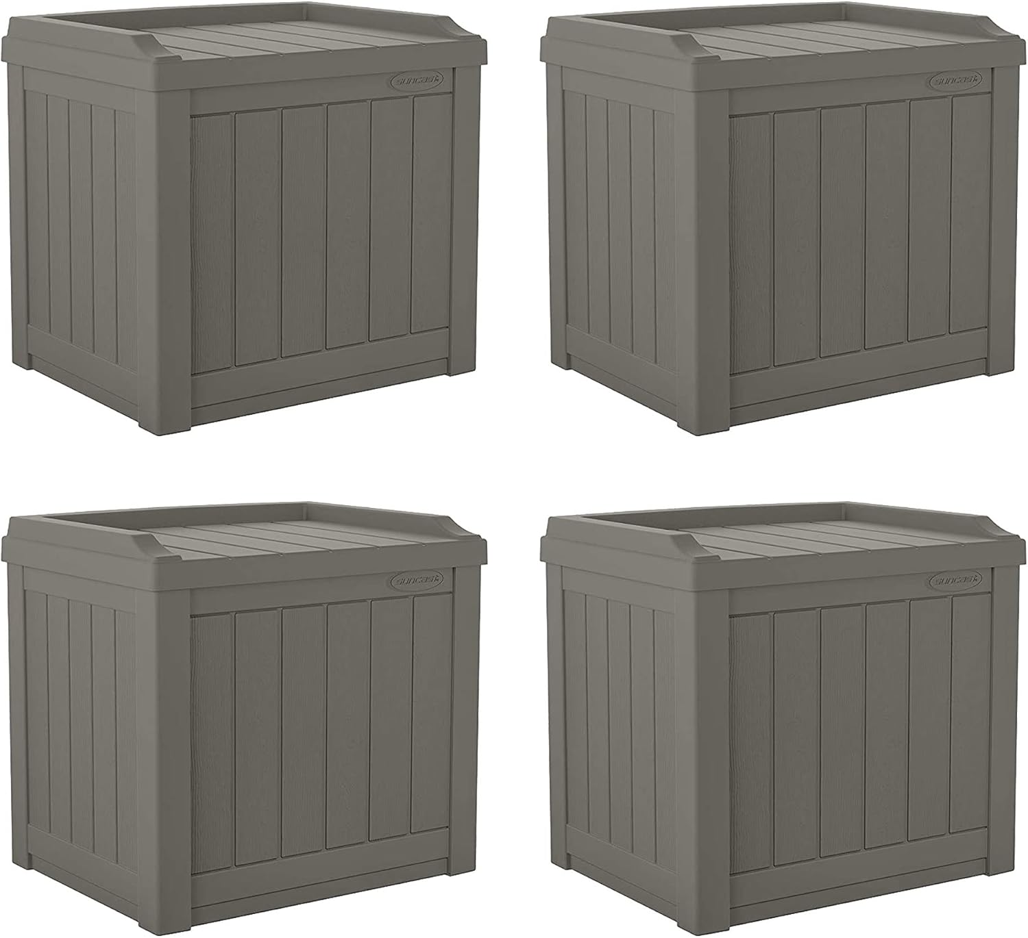Suncast 22 Gallon Indoor or Outdoor Backyard Patio Small Storage Deck Box with Attractive Bench Seat and Reinforced Lid, Stone (4 Pack)