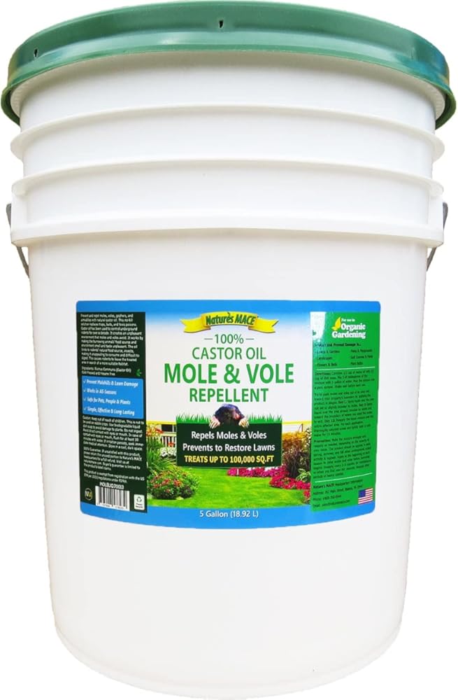 Nature's MACE Mole and Vole Mace, 5 Gallon, 100% Pure Castor Oil, Mole Deterrent for Yard, Lawns, Mole Repellent, Stop Tunneling, Mole Remover Treatment, Castor Oil Repellent, People, Pet, Plant Safe